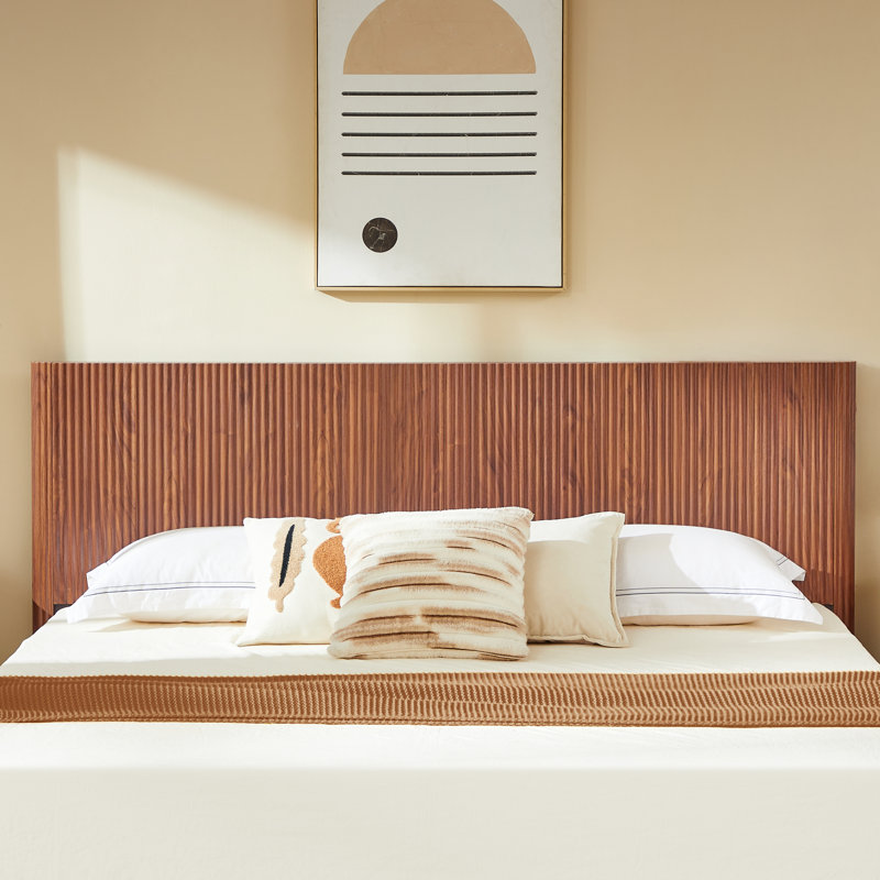 Geyra Modern LED Platform Bed Frame with Curved Wood Panel Design and Upholstered Headboard, Walnut