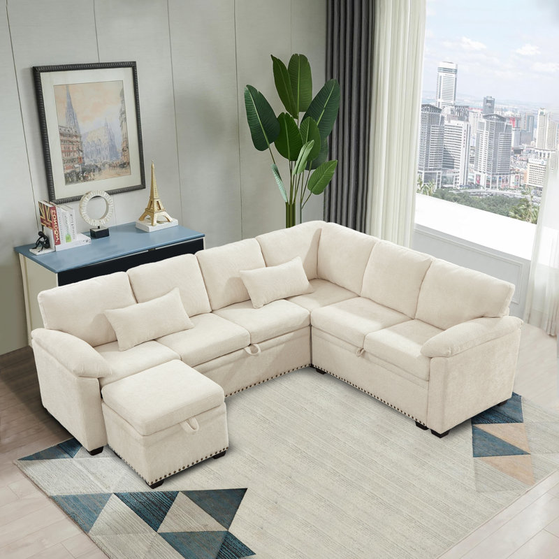 97" L-Shaped Upholstered Chenille Put-Out Sofa Bed Sectional with Storage Ottoman and 2 Pillows, Beige Chenille