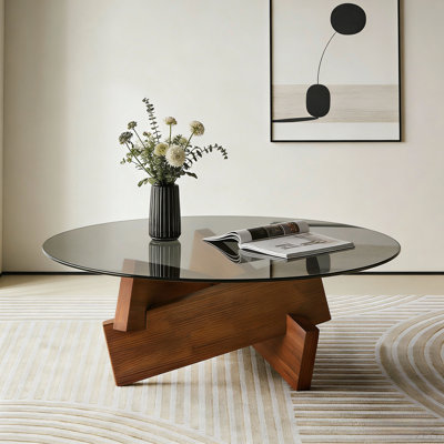 Table basse moderne pour le salon moderne, centre de 27,5 po x 27,5 po x 12,2 po avec plateau en verre trempé et bois
