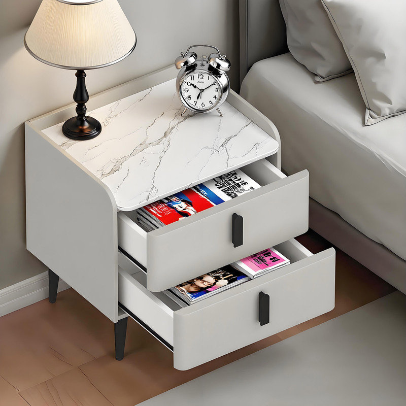 Table de chevet moderne avec 2 tiroirs, plateau en marbre et pieds en métal, Gris