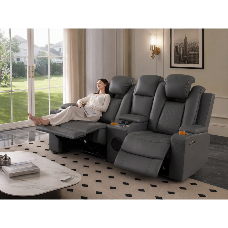 Meghean Breathable Leather Power Recliner Loveseat Power Headrest With Multi-Functional Center Console, Bluetooth Audio, Gray