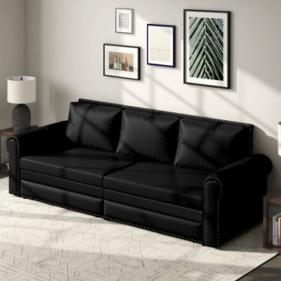 94" Faux Leather Upholstered Sleeper Sofa, King-Size Pull-Out Sofa Bed, Convertible Sleeper Couch, Black