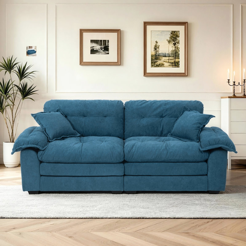 Geneveve 84" Chenille Upholstered Pillow-Top Arm Loveseat Sofa with Memory Foam Cushions and Pocketed Coil Springs, Blue