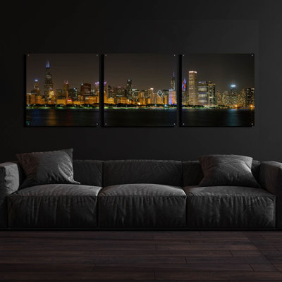 'Chicago Cityscape Baseball' by Epic Portfolio, Acrylic Glass Wall Art, 3 Piece Set