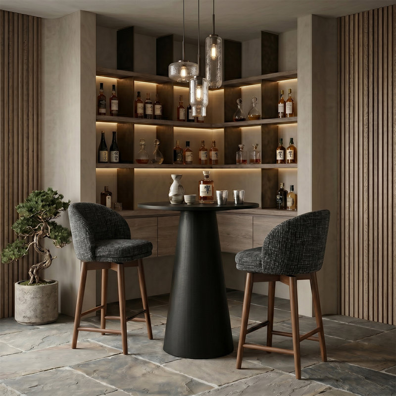 Modern 30" Round Counter Height Dining Set with 2 Upholstered Swivel Counter Stools, Black/Brown