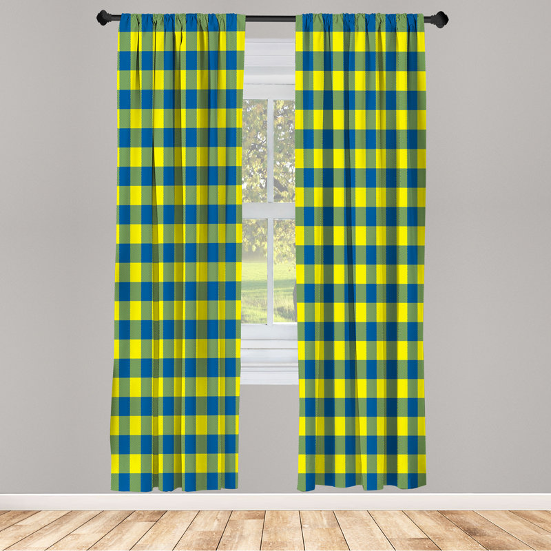 Charlton Home® Plaid Curtains, Lumberjack Buffalo Checks Art, Azure Blue/Yellow, 28" W x 95" L