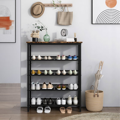 Industrial 5-layer Shoe Shelf, Retro Design, Spacious For Shoes & Accessories Adjustable Country Brown Organizer, 4 Mesh Shelves, Home