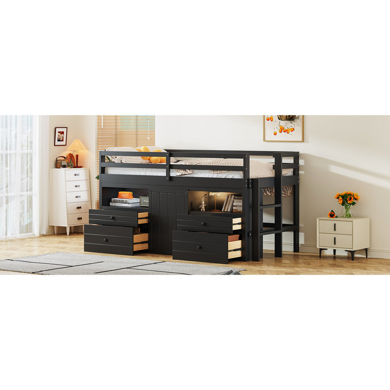 Lit mezzanine simple avec 4 tiroirs, tablette et armoire - option élégante