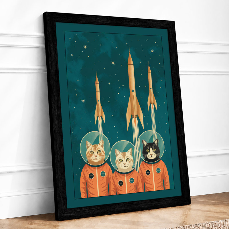 Astronauts and Golden Rockets Mid-Century - Framed Print, A2 - 59.4 x 42.0 cm, Black