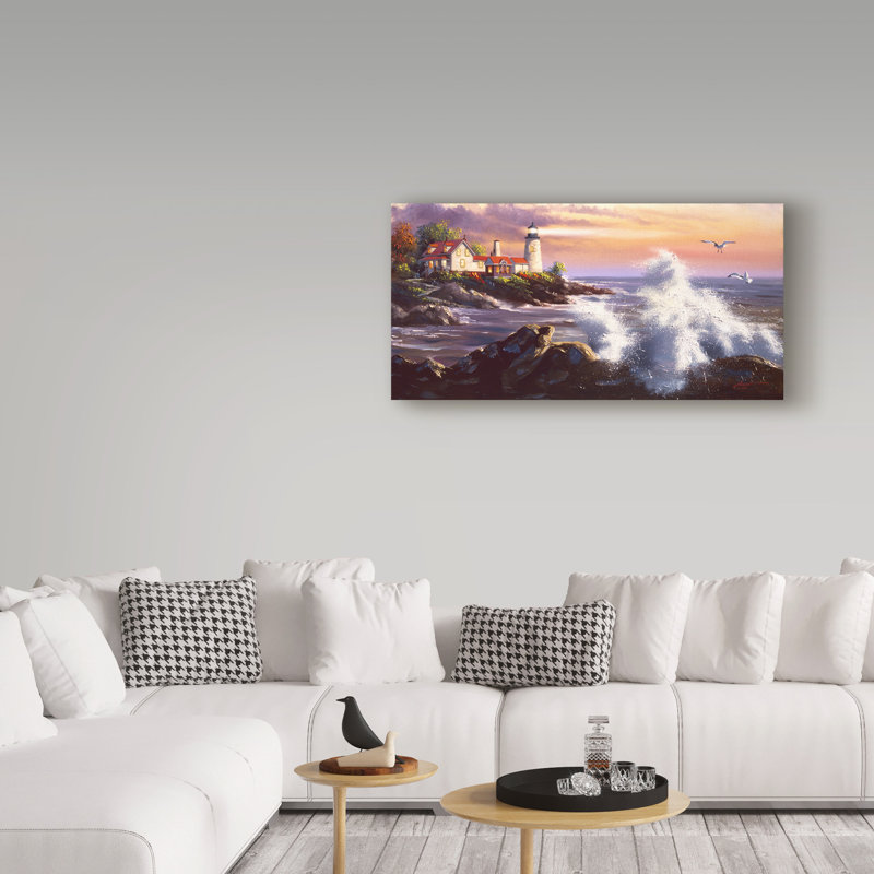 Rustic Lighthouse Waves Canvas Wall Art in Blue and White