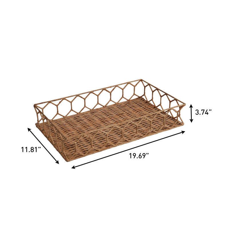 Honeycomb 19.75" Rustic Bohemian Hand-Woven Rattan Tray, Light Brown