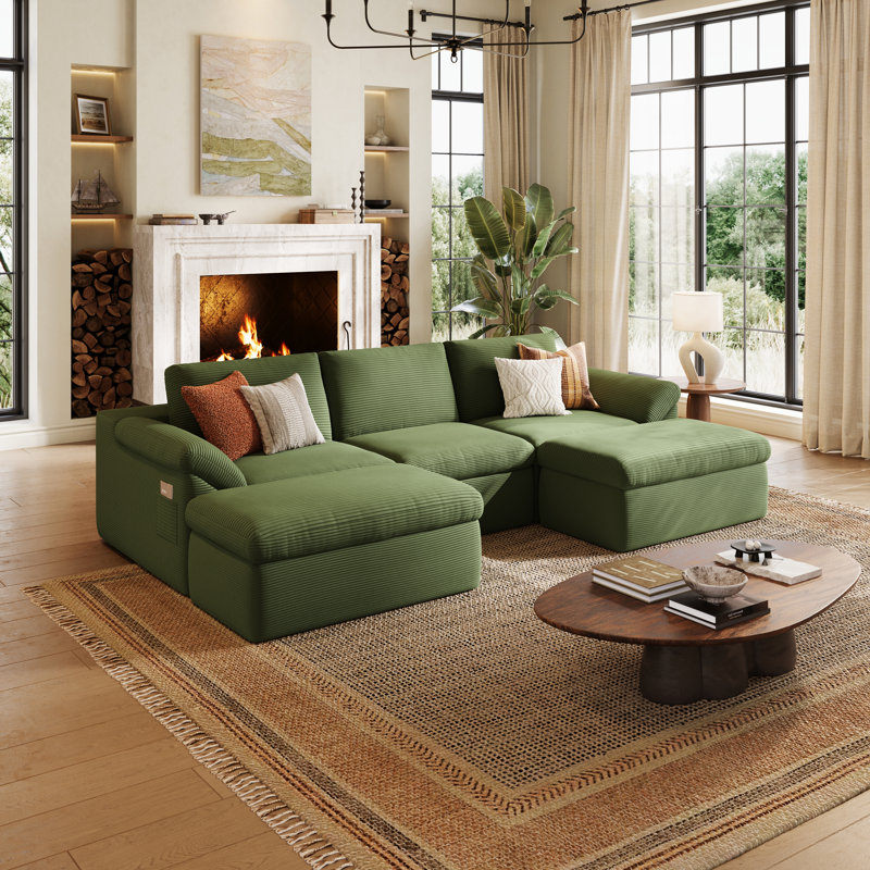 Mariyan 109'' Upholstery Boneless U-shaped Sectional, Nova Green Corduroy