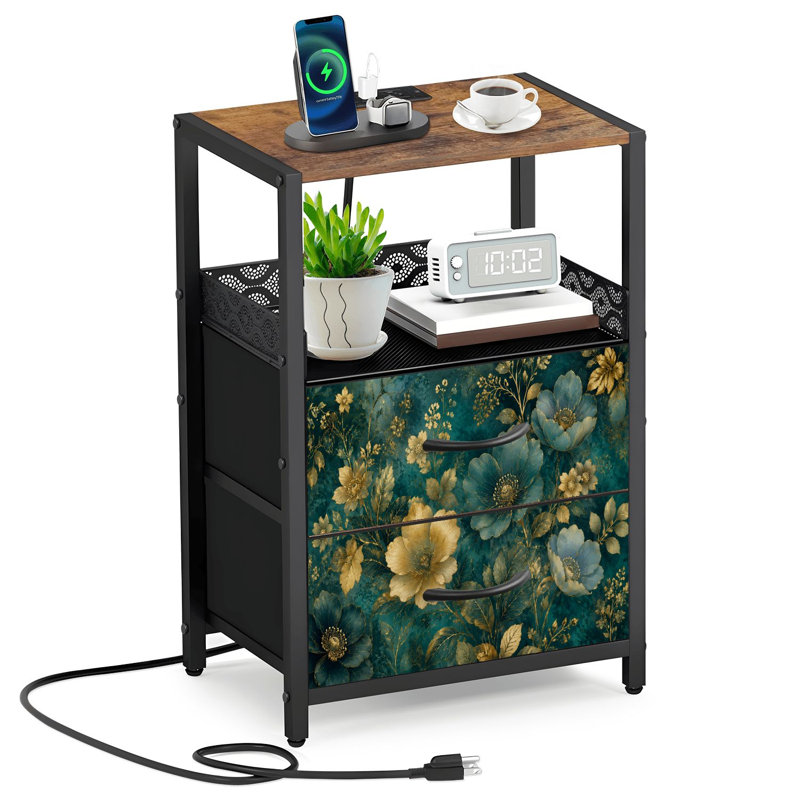 Table de chevet 2 tiroirs en tissu avec station de charge Accents floraux dorés Teal Vintage Botanical