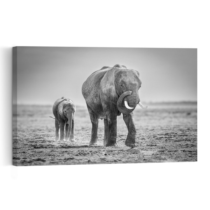 Mother Elephant And Calf Contemporary Elephant Landscape Nature Wall Art Print by Jeffrey C. Sink - 1 Piece Wrapped Canvas Wall Art