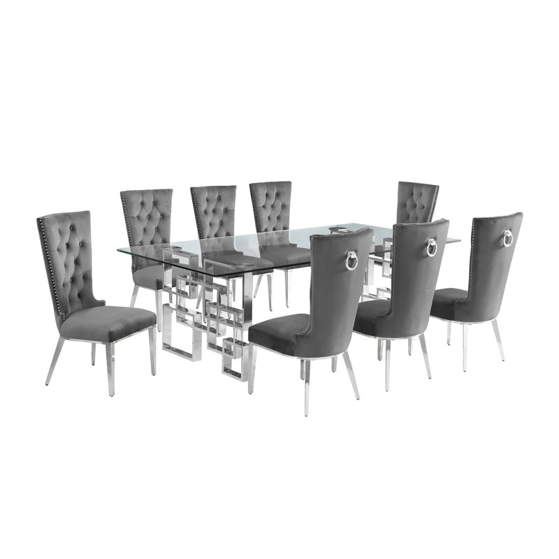 Ensemble de salle à manger rectangulaire en verre transparent avec chaises en velours L 95 po x l 46 po Borel, 7, Argent