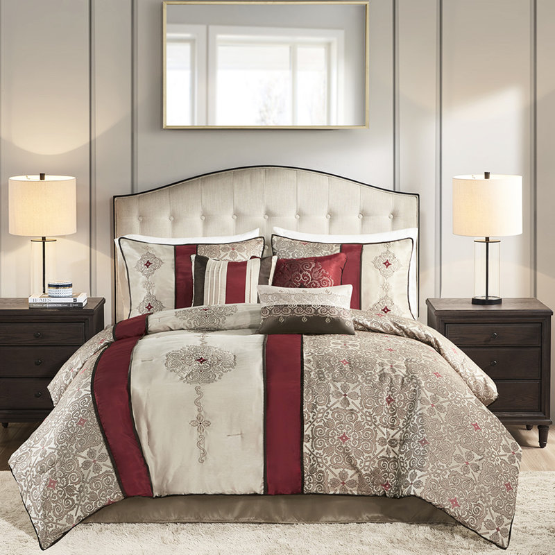 Queen Comforter - Red With Solid Details Bed 100% Filling & Shams, Red, Queen Comforter + 6 Additional Pieces