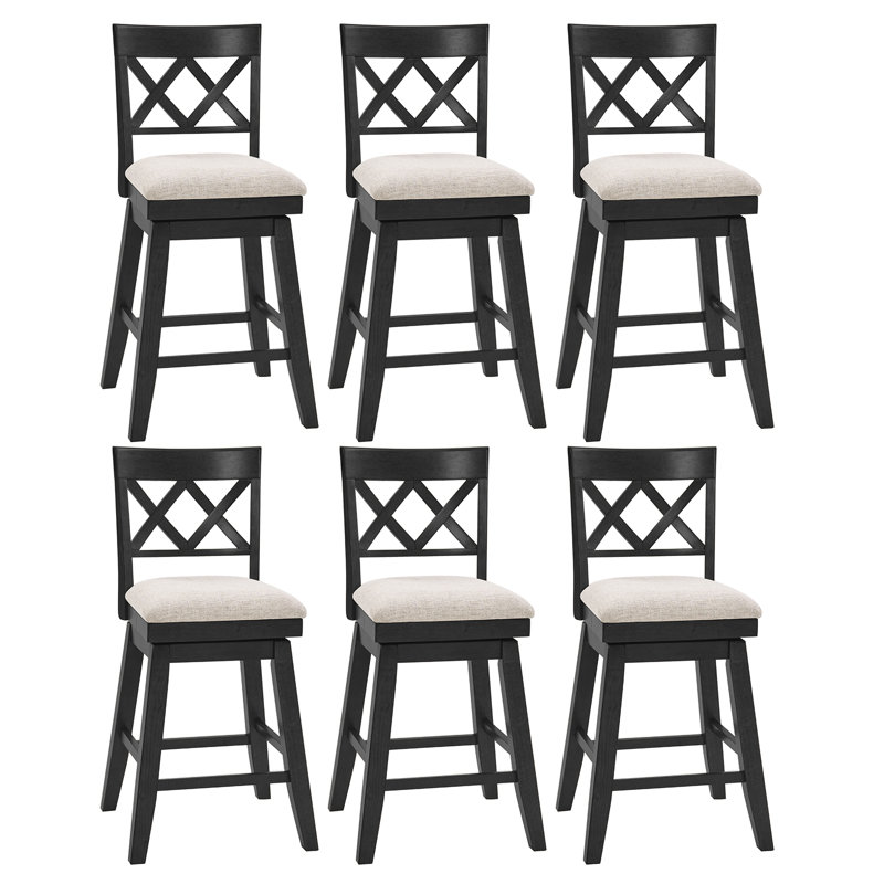Modern Farmhouse Cross Back Upholstered Solid Wood Bar Stool, Black, 6