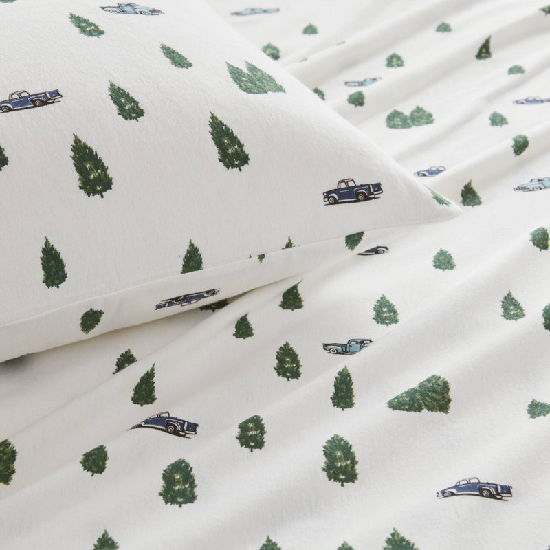 Woolrich Cotton Flannel Green Trees & Trucks 100% Cotton Flannel 4-Piece King Sheet Set, King Sheet Set with 2 Pillowcases