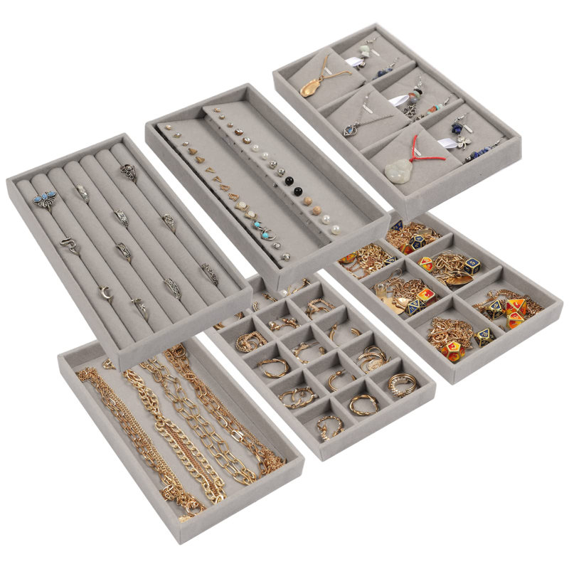 Paquet de 6 plateaux de rangement pour bijoux, présentoir à bijoux empilable en velours pour tiroir de commode, porte-collier Ring Earing