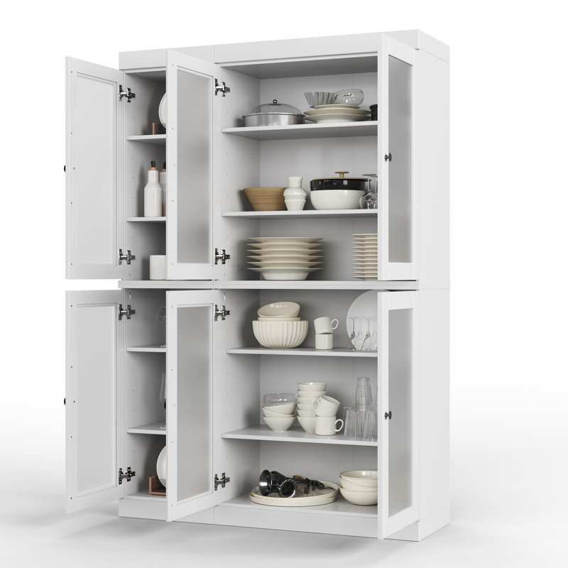 Vaisselier 100% bois massif 48,5 po avec portes en verre givré et tablettes réglables, Blanc