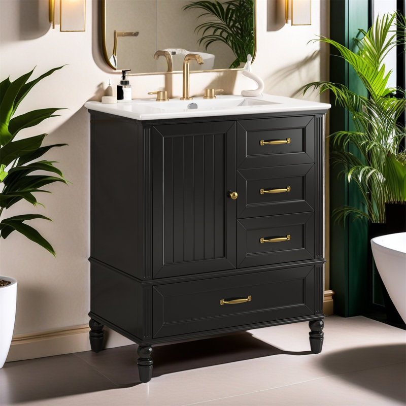 Bathroom Vanity Cabinet With Sink , A Door, Three Drawers And Adjustable Foot Pads, Black, Gold