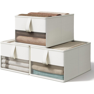 Boîtes de rangement 3 pièces en tissu pliable blanc avec fenêtre transparente - Organisateur respirant et sans odeur pour placard, tablettes, serviettes, vêtements, jouets, livres