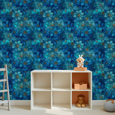 Papier peint adhésif peler et coller en PVC, revêtement mural auto-adhésif amovible avec saphir floral, feuilles incandescentes, impression sans couture, imperméable pour la décoration intérieure - rouleau