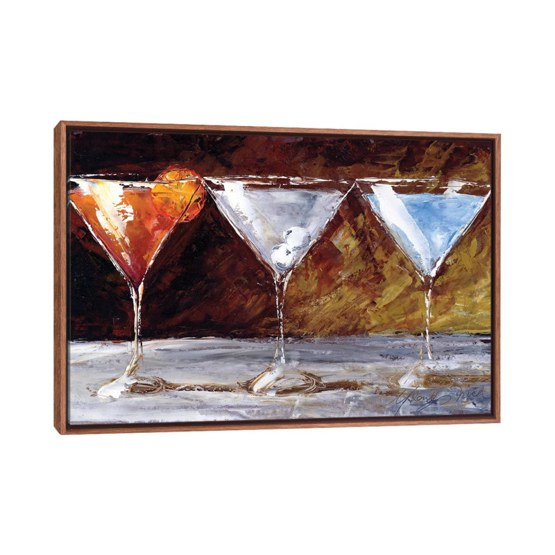 Three Martinis by Malenda Trick - Painting on Canvas, 66.04 cm H x 45.72 cm W, Classic Brown Wood Framed