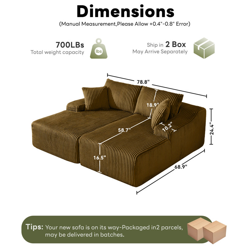 Modern Spacious Upholstered Boneless Corduroy Modular Sectional Sofa With 2 Pillows, Brown