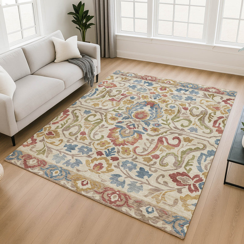 Tapis floral Premium Mayfield AMF2193 lavable à la machine, Beige, 5' x 7'6"