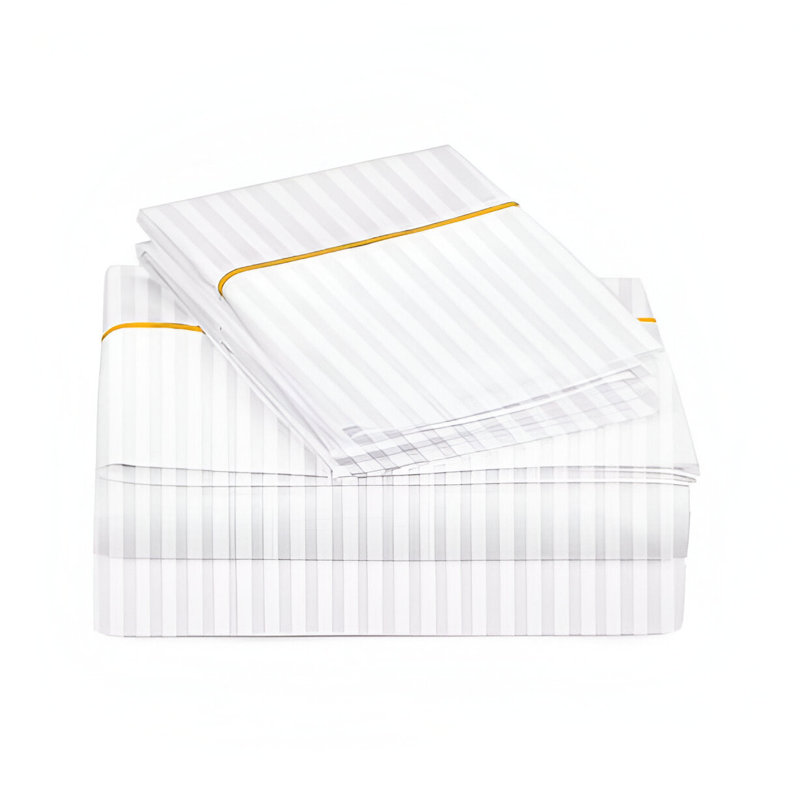400TC Single Embroidery Sateen Stripe Cotton 4 Piece Sheet Set Fitted Sheet Fits Upto 16" Deep Pocket, Full XL Sheet Set