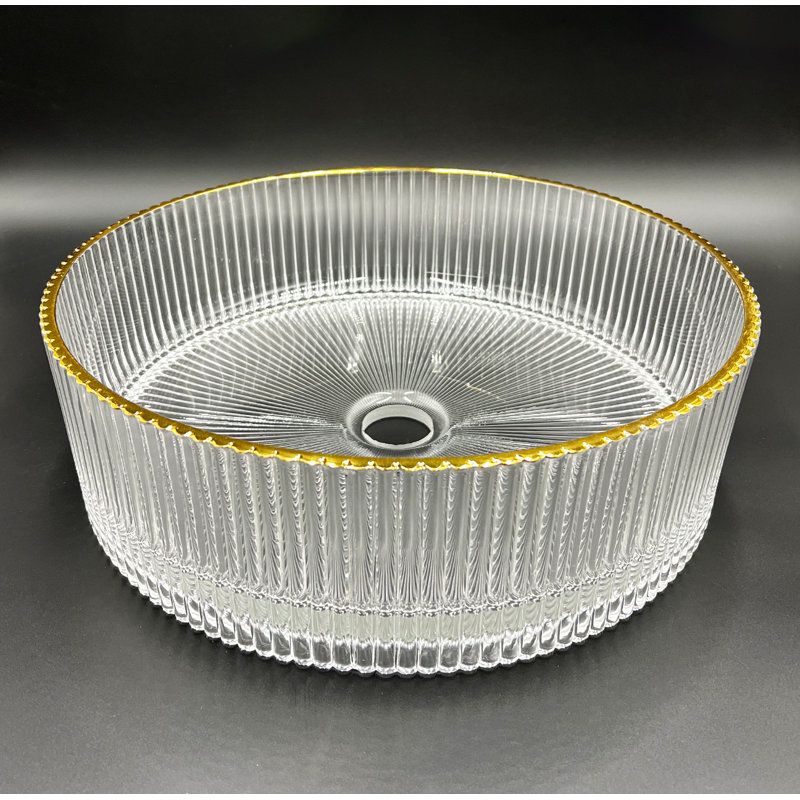 Timeless 14" Glass Circular Vessel Bathroom Sink, Clear/Gold Rim