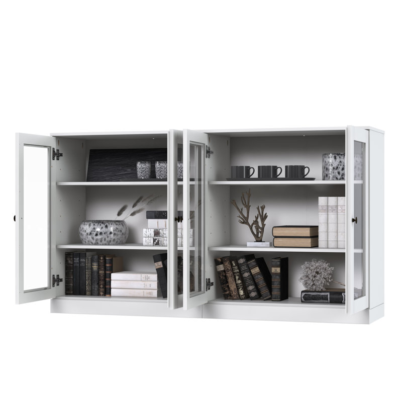 Buffet 100% bois massif 64 "avec portes en verre transparent et tablettes réglables, Blanc mat