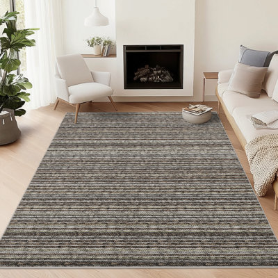 Tapis rectangulaire gris 10 x 13 pi lavable à motif géométrique moderne antidérapant à rayures