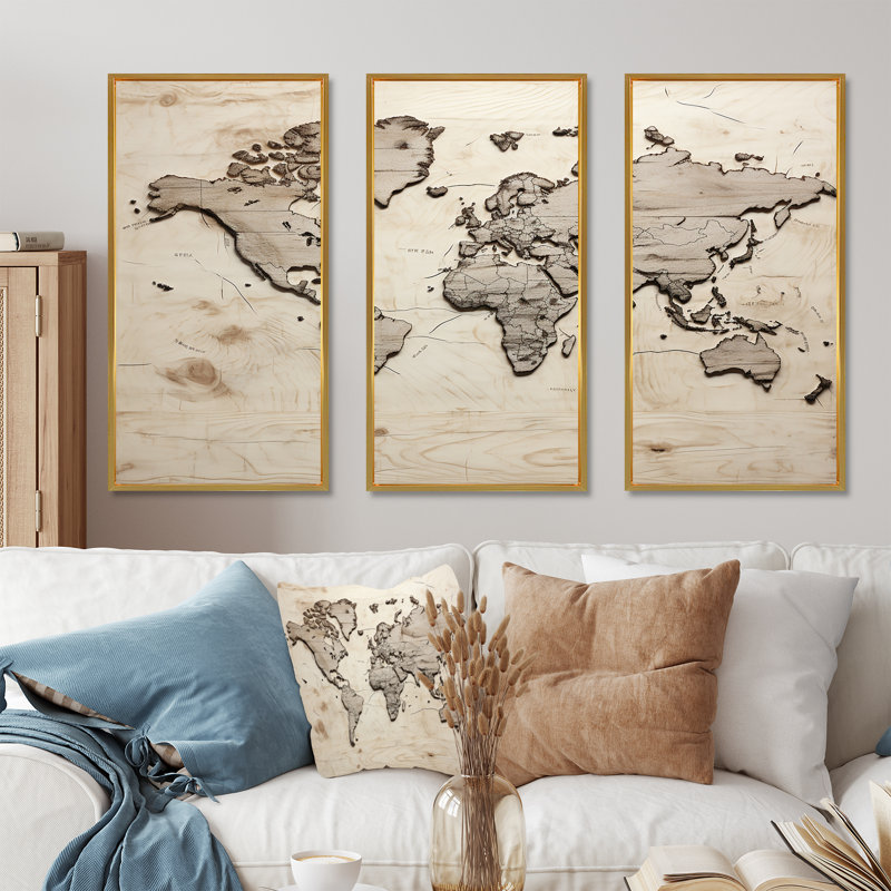 Rustic Route World Map - ensemble d'art sur toile carte du monde, Cadre flottant doré, H 40 po x l 60 po x P 1 po