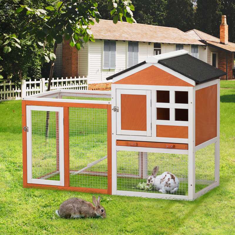 Cage à lapin en bois à 2 étages avec poulailler, poulailler, maison pour petits animaux, orange et blanc