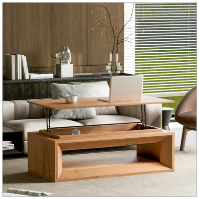 Table basse à plateau relevable moderne en placage de bois massif avec rangement et hauteur réglable pour salon, chambre à coucher, appartement ou bureau