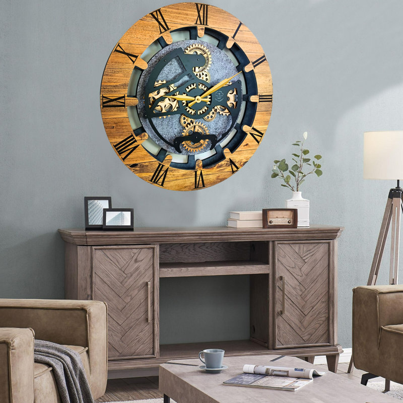 Wall Clock 24" Round Oversized for Living Room decor with Real Moving Gears Canada Collection, Wood Stone