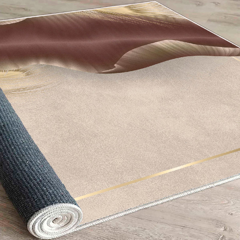 Wencil Luxurious 100% Cotton Area Rug (5.9 x 9.2 ft), Antibacterial, Non-Slip PVC Underside | Pile Height: 0.4 in, Total Thickness: 0.3 in | Machine Washable, Elegant Beige, Gold & Brown Design for Living Room & Bedroom