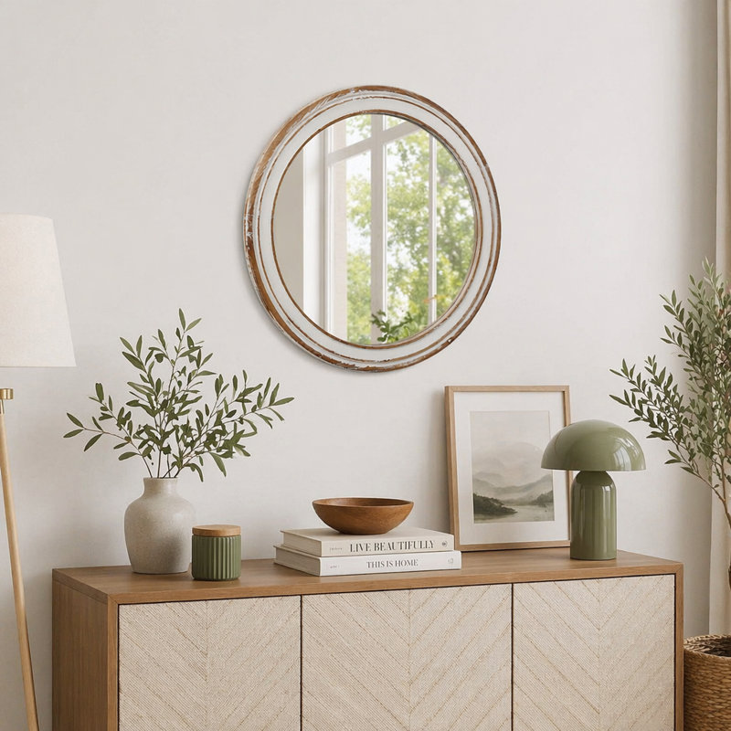 Wooden Farmhouse Round Wall Mirror for Bathroom Vanity, 27.56" x 27.56"