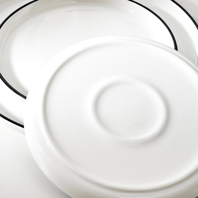 Service de table en porcelaine 24 pièces, assiettes et bols pour 8 personnes, blanc avec rebord noir, Blanc avec rebord noir