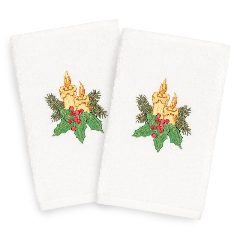 Christmas Candles Embroidered Luxury Turkish Cotton Hand Towel, White
