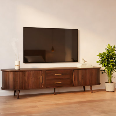 Modern TV stand with storage, featuring a media console desk with two drawers, suitable for an 80-inch TV.