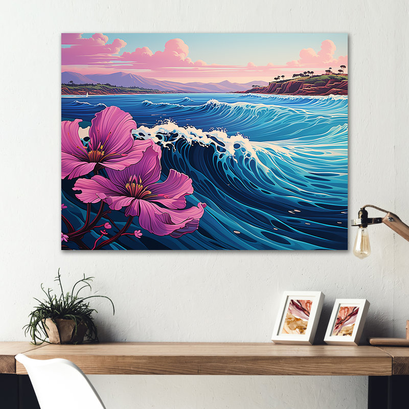 Bleu et mauve attrapant des vagues au Japon - Art mural en métal au Japon MT134807, H 24 po x l 32 po x P 1 po