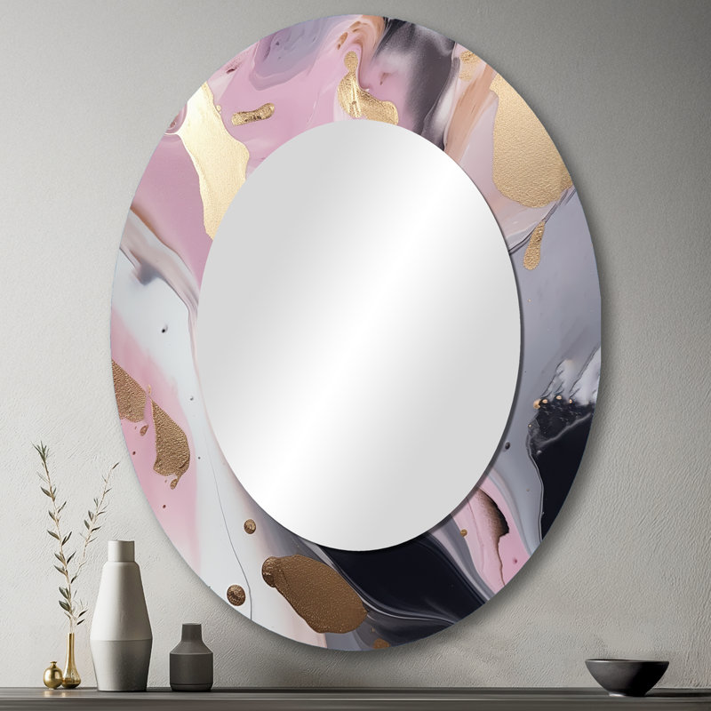Pink And Gold Inner Worlds Of Marble I - Abstract Oval Decorative Mirror On Metal, 43" x 33"