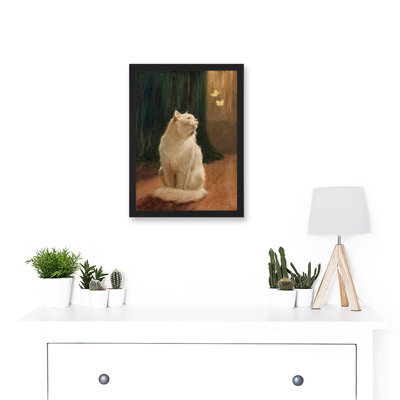 Painting Heyer White Cat And Two Butterflies - Single Picture Frame Print