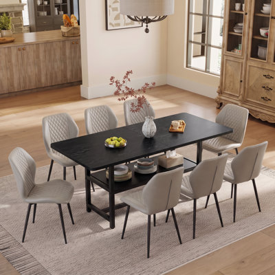 Ensemble de salle à manger moderne rectangulaire 9 pièces de 71 pouces avec tablette de rangement et chaises rembourrées matelassées