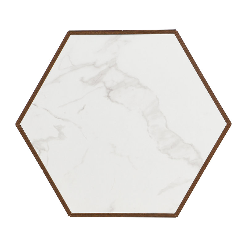 Table basse rustique en bois hexagonal avec tiroirs cachés et plateau en marbre blanc texturé