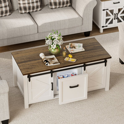 Table basse avec réfrigérateur (réfrigérateur inclus), table basse de ferme avec porte de grange coulissante, table de centre rustique avec tablette réglable, blanc antique
