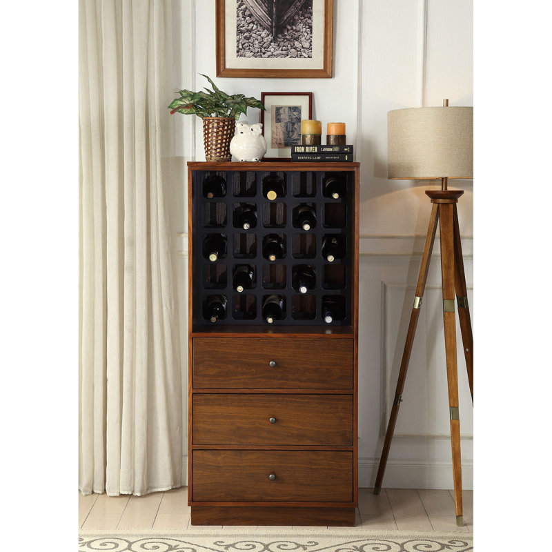Armoire à vin en bois avec finition noyer, 25 rangements, 3 tiroirs coulissants, 25 bouteilles et rangement